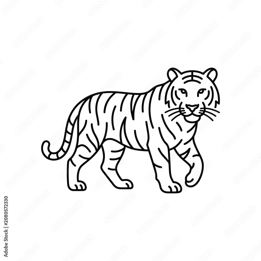 Fototapeta premium Tiger line art illustration isolated on transparent background wild bengal cat minimalist vector.