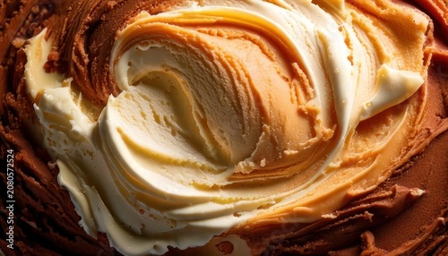Close-up Swirls of Creamy Chocolate and Vanilla Ice Cream Texture.