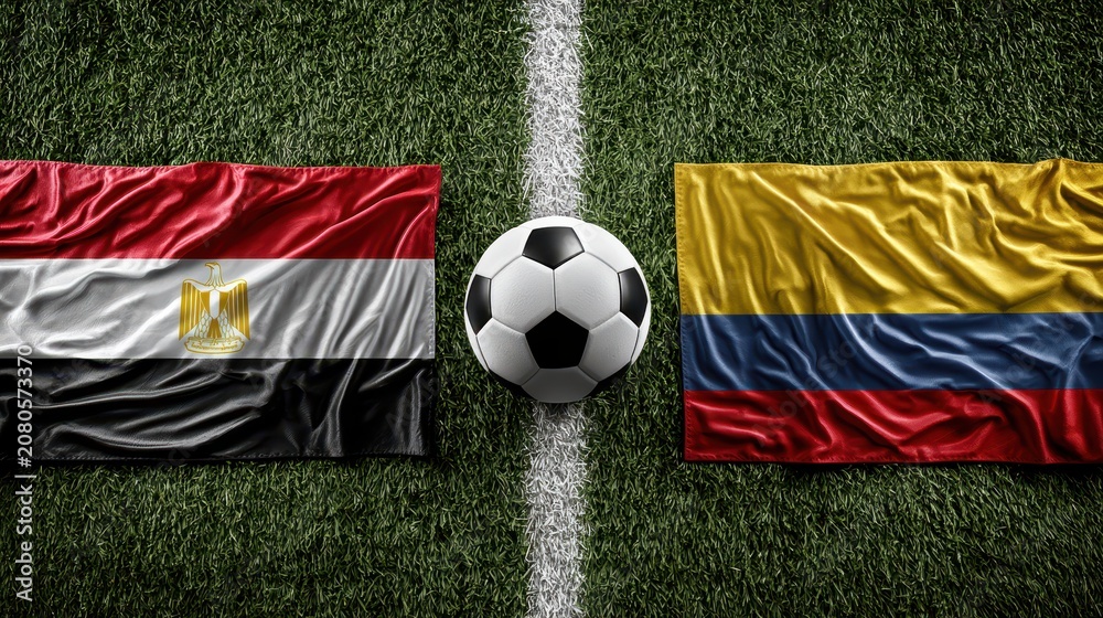 Naklejka premium Soccer ball positioned between the national flags of Egypt and Colombia on a green grass football field.