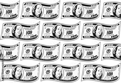 Seamless geometric pattern with wavy bent 100 USD bills. Banknotes arranged in horizontal rows. Front side is visible. Monochrome money illustration on transparent background.