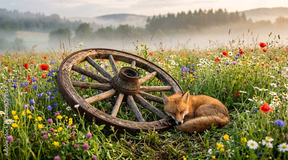 Fototapeta premium Vintage wooden wagon wheel resting in lush meadow filled with colorful wildflowers, small wild red fox peacefully beside spoke structures.