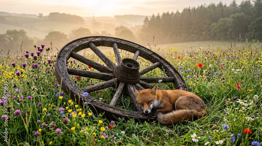 Fototapeta premium Vintage wooden wagon wheel resting in lush meadow filled with colorful wildflowers, small wild red fox peacefully beside spoke structures.