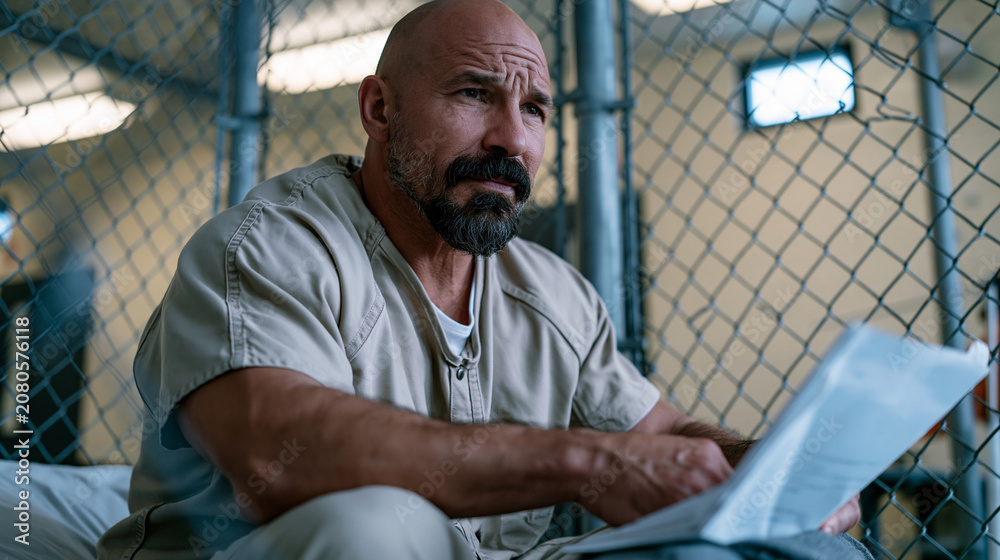 Fototapeta premium Immigration detainee in beige uniform seated on a cot inside a chain-link enclosure, a folded letter resting on his knee, fluorescent lighting washing out the pale walls behind him, a single narrow 