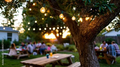 Outdoor evening gathering under tree with string lights