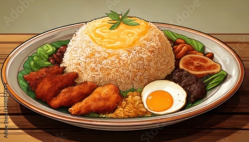 Delicious Nasi Lemak Meal with Fried Chicken and Egg.