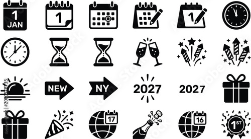 New Year 2027 celebration icons set