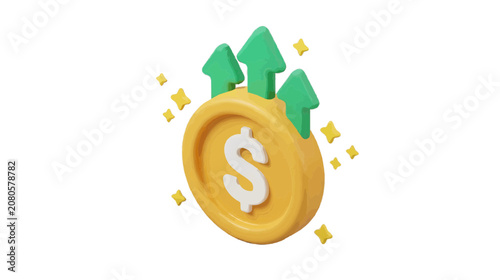 Vector illustration of 3d dollar coin with upward arrows and stars, financial growth concept on a transparent background