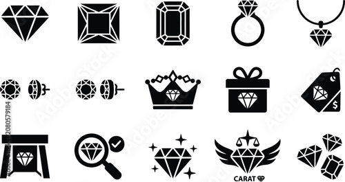 Black and white diamond jewelry icons set