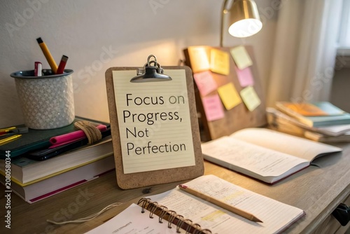Inspirational Workspace with Quote on Progress and Self-Improvement