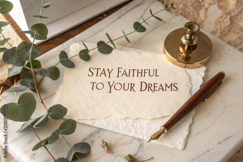 Inspiring Message on Paper with Eucalyptus and Pen on Marble Surface
