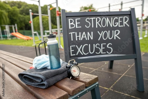 Motivational Quote Sign at Outdoor Fitness Area with Water Bottle