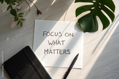 Motivational Quote on Note with Pen and Green Plants on Desk