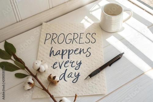 Progress Happens Every Day Motivational Quote with Coffee and Cotton