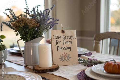 Rustic Table Setting with Gratitude Sign and Flower Arrangement