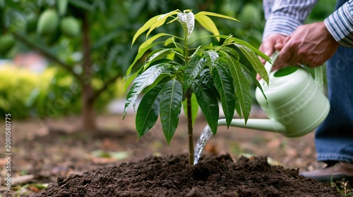 Gardener watering young mango tree in garden soil