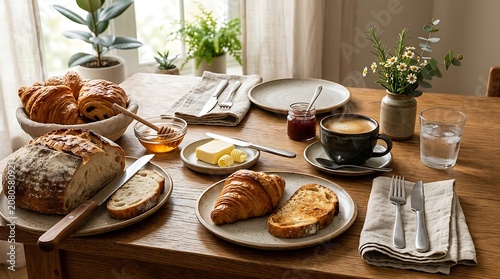 A rustic wooden table set for breakfast with artisan crackers, sea salt crumbs, croissants, and coffee in a cozy indoor setting with plants