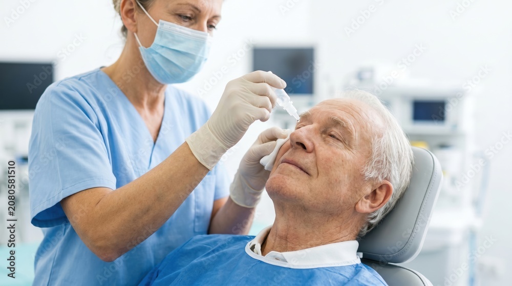 Fototapeta premium Nurse administering topical anesthetic eye drops to an elderly male patient. Doctor preparing senior man for eye surgery in clinic. Ophthalmic healthcare treatment