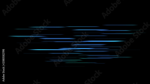 黒背景に青い光の線が水平に流れるスピード感のあるイラスト