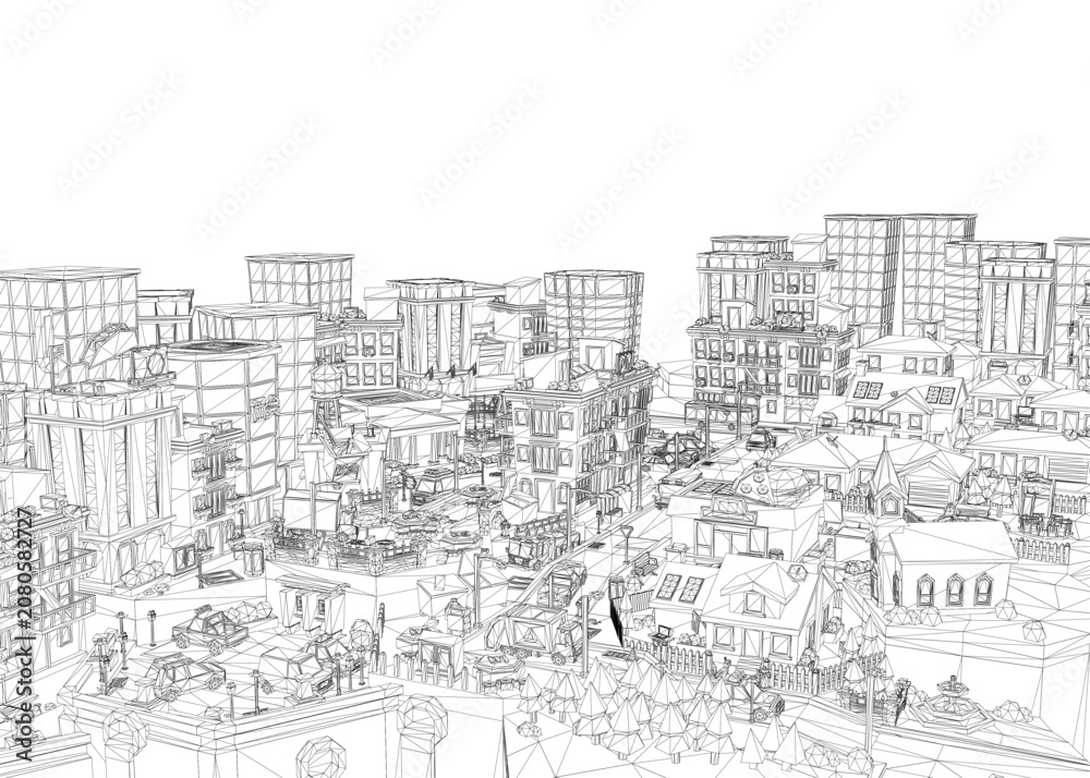 Fototapeta premium Black and white wireframe cityscape with low poly buildings, trees, and tiny people. Intricate linework creates depth against stark white background.