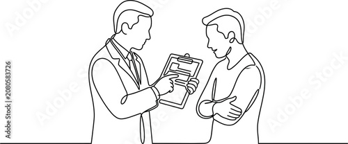 Schilderij op canvas Continuous line drawing of a doctor showing medical chart to patient