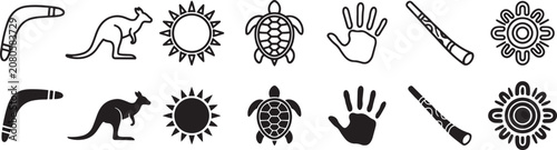 Obraz na plátně Indigenous australian symbols collection featuring kangaroo boomerang sun turtle handprint and traditional musical instruments