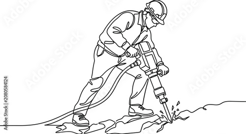Tableau sur toile Continuous line drawing of a construction worker operating a pneumatic jackhammer