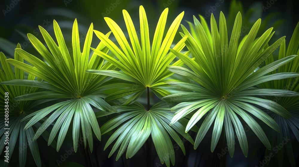 Fototapeta premium Lush green palm leaves with vibrant yellow highlights arranged in a dense cluster, creating a tropical foliage scene in soft natural light