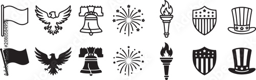 Canvastavla American patriotic icons set with flag eagle liberty bell fireworks torch shield and uncle sam hat