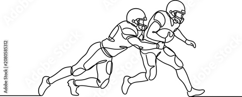 Photos Continuous line art of American football players tackling.