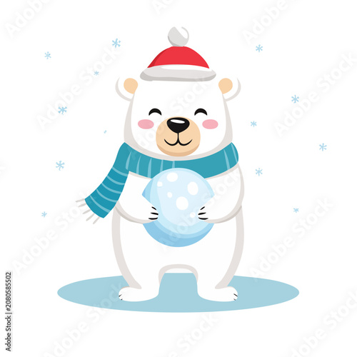 Cute polar bear holding snowball in winter outfit