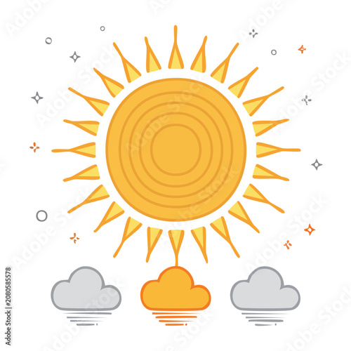 Flat design sun with clouds and rays illustration