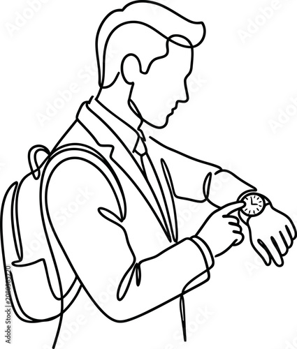 Continuous line drawing of a businessman looking at his watch with a backpack.