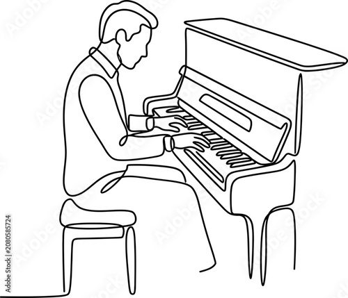 Continuous line art drawing of a man playing the piano.