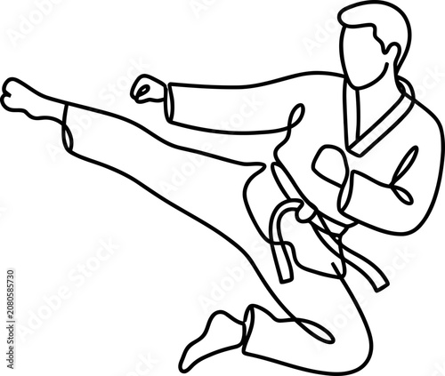 Continuous one line drawing of a male martial artist performing a high side kick.