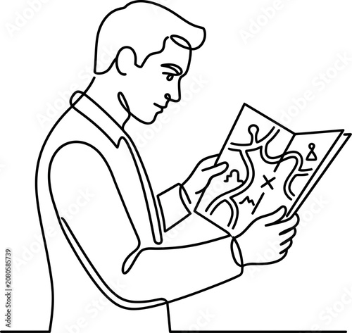 Continuous line drawing of a man examining a travel map.