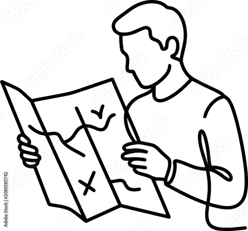 Continuous line drawing of a man looking at a paper map.