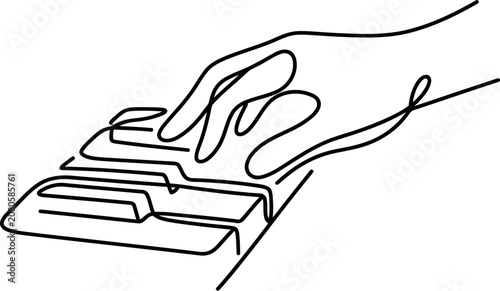 Continuous one line drawing of a human hand playing piano keys.