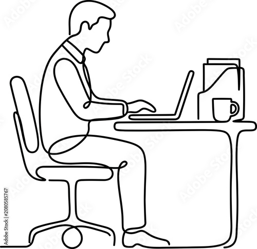 Continuous one line drawing of a businessman working on a laptop at a desk.