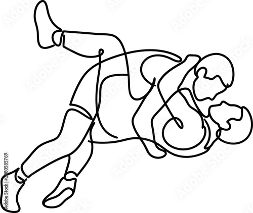 Continuous line drawing of two people wrestling.