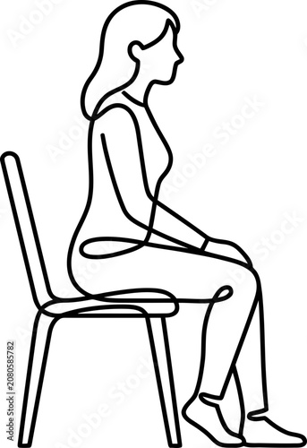 Continuous line drawing of a woman sitting on a chair.