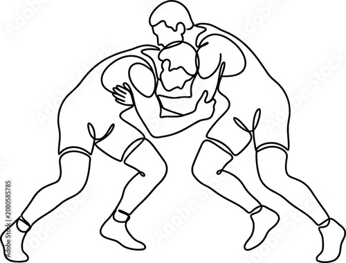 Continuous line drawing of two wrestlers competing in a match.