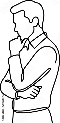 Continuous line drawing of a pensive man thinking.