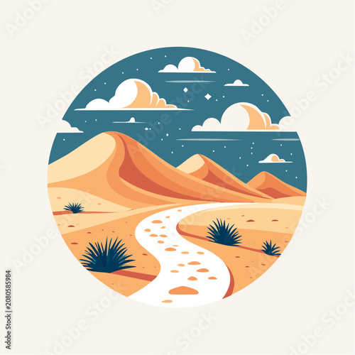 Stylized Desert Landscape with Winding Path and Clouds