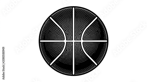Black and white graphic illustration of a basketball.