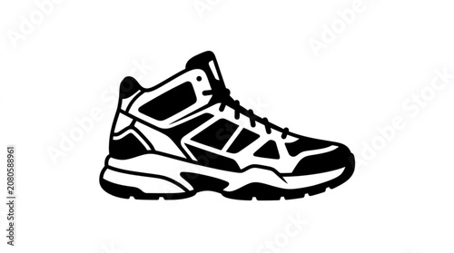 Black and white athletic shoe with laces and thick sole.