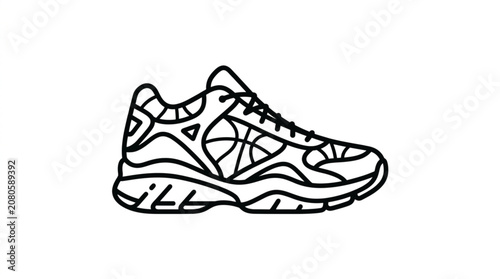 Black and white outline drawing of a modern athletic shoe.