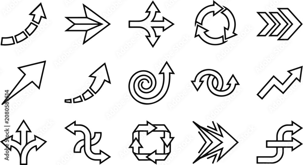 Fototapeta premium Diverse collection of black line art arrows directional symbols for presentations and graphic design