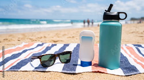 Enjoying a beach day with essential summer accessories for sun protection and hydration on a striped towel