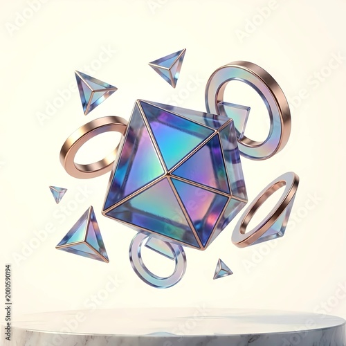 Modern abstract composition featuring holographic geometric elements