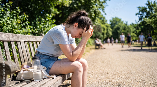Woman experiencing heatstroke and exhaustion in park during severe heatwave, suffering from dehydration and feeling unwell